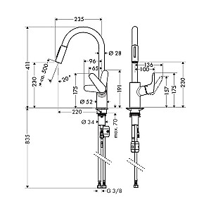 Hansgrohe Focus M41 Кухонный смеситель, однорычажный, 240, вытяжной излив, 2jet 31815000