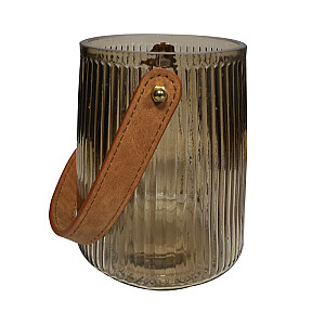 Стеклянная ваза/подсвечник с кожаной ручкой 10,5х15,3см, дымчато-коричневый
