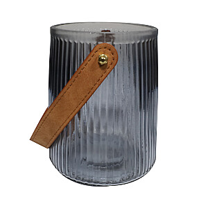 Стеклянная ваза/подсвечник с кожаной ручкой 10,5х15,3см, дымчато-серый