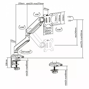 Алюминиевое крепление для монитора Ergo Office с пневматической пружиной, двойной кронштейн, VESA 75x75/100x100, 17–32 дюйма 10 кг Серебристый, ER-447