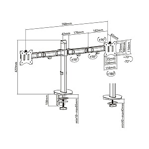 Встроенный кронштейн для двух мониторов Deluxe Ergo Office, макс. 17–32 дюйма. 9кг, ЭР-449