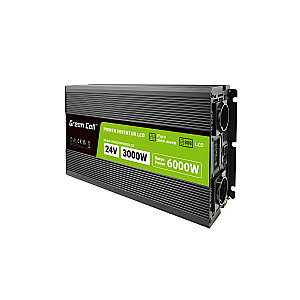 Green Cell Преобразователь напряжения PowerInverter LCD 24 В 3000 Вт/60 000 Вт Автомобильный преобразователь с дисплеем - адаптер питания/инвертор чистого синуса Auto Black