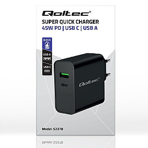 Зарядное устройство Super Quick PD Qoltec 52378 | 1xUSB-C | 1xUSB | 45 Вт | 5-20 В | 2,25-3А | Черный