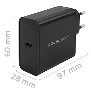 Qoltec 52379 īpaši ātrs PD lādētājs | 1xUSB-C | 65 W | 5-20V | 3-3,25 A | Melns