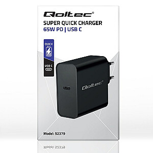 Qoltec 52379 īpaši ātrs PD lādētājs | 1xUSB-C | 65 W | 5-20V | 3-3,25 A | Melns