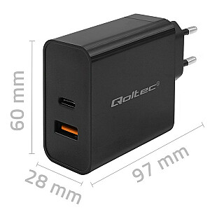 Зарядное устройство Super Quick PD Qoltec 52380 | 1xUSB-C | 1xUSB | 65 Вт | 5-20 В | 1,5-3,25 А | Черный