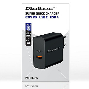 Зарядное устройство Super Quick PD Qoltec 52380 | 1xUSB-C | 1xUSB | 65 Вт | 5-20 В | 1,5-3,25 А | Черный