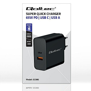 Qoltec 52380 Super Quick PD lādētājs | 1xUSB-C | 1xUSB | 65 W | 5-20V | 1,5-3,25 A | Melns