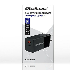 Qoltec 52382 GaN POWER PRO lādētājs | 1xUSB tips C | 1xUSB A | 100 W | 5-20V | 1,5-5A | PD | Melns