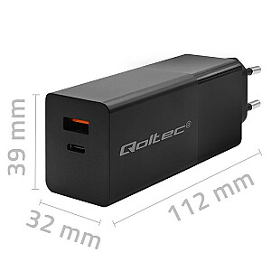 Зарядное устройство Qoltec 52382 GaN POWER PRO | 1xUSB типа C | 1xUSB А | 100 Вт | 5-20 В | 1,5-5А | ПД | Черный