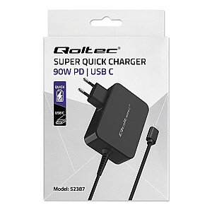 Qoltec 52387 GaN POWER PRO lādētājs | 1xUSB-C | 90 W | 5-20V | 3-4,5 A | Melns