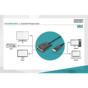 Displayport adaptera kabelis ar snap 1080p 60 Hz FHD tips DP/DVI-D (24+1) M/M melns 2 m