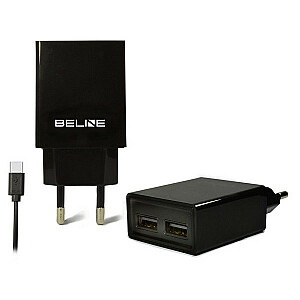 2xUSB + USB-C tīkla lādētājs 2A, melns