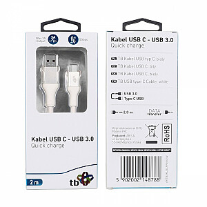 USB 3.0–USB C kabelis, 2 m PREMIUM 3A, balts TPE
