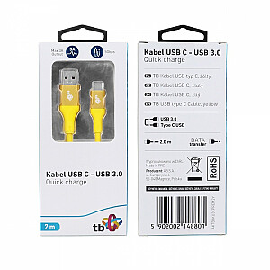 USB 3.0–USB C kabelis, 2 m PREMIUM 3 A, dzeltens TPE