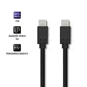 USB 3.1 C tipa kabelis | USB 3.1 Type C, vīriešu | 3 m | Melns