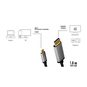 USB-C–DP kabelis, 4K, 60 Hz, alumīnijs, 1,8 m