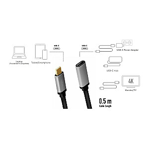 USB-C M/F, alumīnija kabelis 4K/60 Hz, 0,5 m