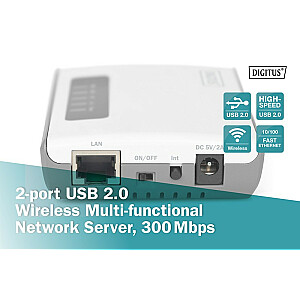 Daudzfunkcionāls bezvadu 2-portu tīkla serveris, USB 2.0, 300 Mbit/s.