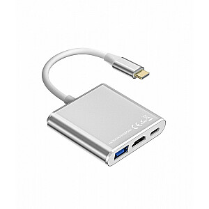 Adapteris HUB USB C 3in1 - HDMI, USB, PD sudrabs