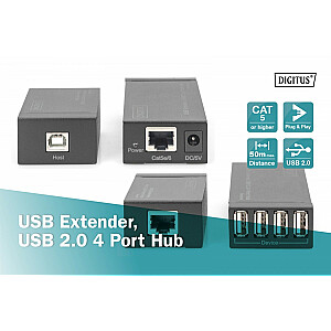 Pagarinātāja kabelis/pagarinātāja centrmezgls 4 porti USB 2.0 pa vītā pāra kabeli Kategorija 5e/7, līdz 50 m