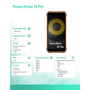 Power Armor 16 Pro 5,93 collas, 4/64 GB, IP68/IP69K, viedtālrunis, 6900 mAh, DualSIM skaļrunis, 122 dB, oranžs
