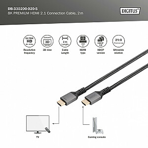 Premium Ultra-Speed UHD HDMI 2.1 savienotāja kabelis, 8K60Hz, HDMI tips A/A M/M, 2 m, melns