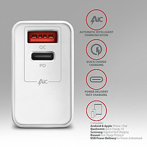 ACU-PQ22W Зарядное устройство, PD и QC, 22 Вт, 2 порта (USB-A + USB-C), PD3.0/QC3.0/AFC/FCP/Apple, белый