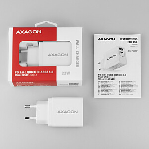 ACU-PQ22W lādētājs, PD un QC, 22 W, 2 porti (USB-A + USB-C), PD3.0/QC3.0/AFC/FCP/Apple, balts