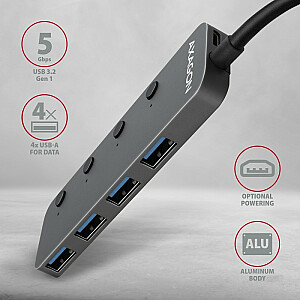 HUE-MSA centrmezgls 4 portu USB 3.2 Gen 1 slēdzis, metāls, 20 cm USB-A kabelis, papildu microUSB barošanas avots