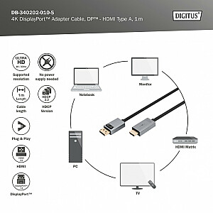 DisplayPort uz HDMI kabeļa adapteris 4K 30Hz DP/HDMI M/M 1m