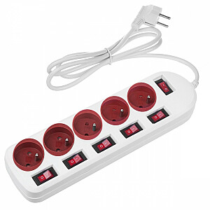 Удлинитель с 5 розетками и переключателями MCE204 R/W, белый и красный