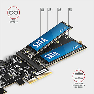 PCES-SA4M2 PCIe kontrolieris 2 iekšējie SATA 6G + 2 iekšējie SATA M.2 porti ar B, SP un LP atslēgu