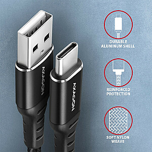 BUCM-AM10AB USB-C–USB-A kabelis, 1,0 m USB 2.0, 3 A, ALU, pīts melns