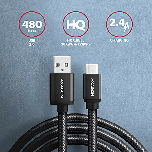 BUMM-AM20AB MicroUSB — USB A kabelis, 2 m, USB 2.0, 2,4 A, ALU, pīts melns