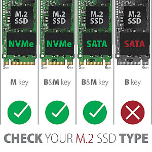 EEM2-SB2 bezskrūvējams ārējais alumīnija korpuss USB-C 3.2 Gen 2 — M.2 NVMe/SATA SSD 30-80mm ALU melns korpuss + USB-A uz USB-C adapteris