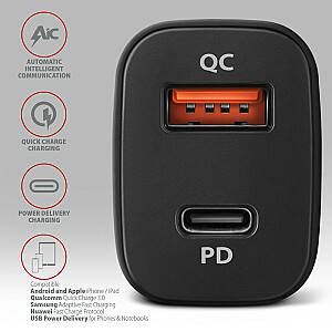 PWC-PQ38 Автомобильное зарядное устройство PD & QUICK 38 Вт, 2 порта (USB-A + USB-C), PD3.0/QC3.0/AFC/FCP/Apple