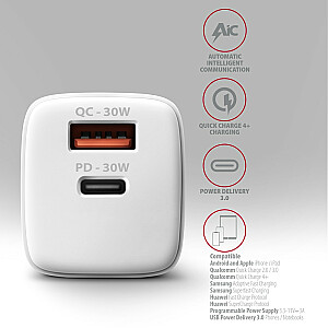 ACU-PQ30W PD & QC Зарядное устройство на 30 Вт, QC3.0,4.0/AFC/FCP/PPS/Apple White
