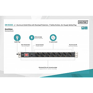 PDU pagarinātājs, 19" statīvs, 7 iezemētas izejas, 2,0 m, 1 Unischuko spraudnis, 16 A, ieslēgšana/izslēgšana, pārslodzes aizsardzība, alumīnija profils