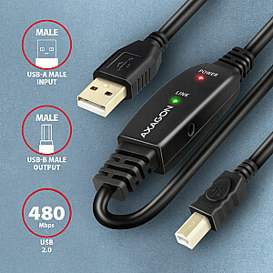 ADR-210B USB 2.0 A-M -> B-M Aktīvais savienojuma kabelis/pastiprinātājs 10 m