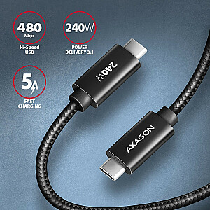 BUCM2-CM20AB kabelis USB-C — USB-C, 2,0 m 5A uzlāde, ALU, 240 W PD, atbalsts, USB2.0