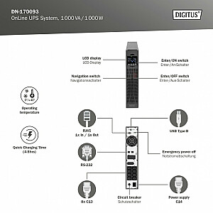 Avārijas barošanas avota UPS tiešsaistes statīvs, 19" LCD, 1000VA/1000W, 2x12V/9Ah, 8xC13, USB, RS232, RJ45