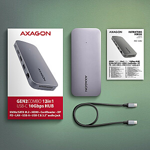 Многопортовый концентратор AXAGON HMC-12GM2, USB-C 3.1, M.2-NVMe/SATA, DP + HDMI, Gbit-LAN, 3x USB-A, 1x USB-C, CR