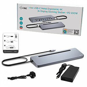i-tec USB-C metāla ergonomisks 4K 3x displejs 2x DP 1x HDMI LAN 100W audio piegāde + i-tec 100W universālais lādētājs - doks