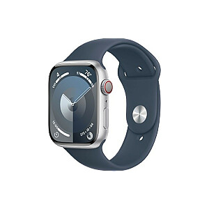 Часы Series 9 с GPS + сотовой связью, корпус из серебристого алюминия, диаметр 45 мм, спортивный ремешок синего цвета — S/M