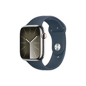 Часы Series 9 GPS + Cellular, корпус из нержавеющей стали серебристого цвета, диаметр 45 мм, спортивный ремешок синего цвета — S/M