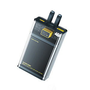Power Bank WP-325 Vanguard Series — Super Charge 20000mAh ar iebūvētu USB-C un Lightning PD 20W + QC 22,5W kabeli (melns/dzidrs)