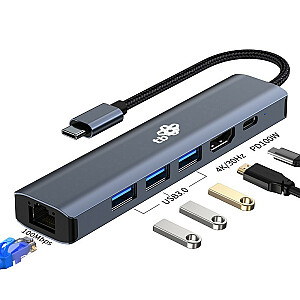 Adapteris-centrmezgls USB C 6w1 — HDMI, USBx3, PD, RJ-45