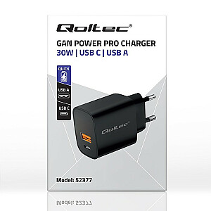 Зарядное устройство GaN Power Pro | 1xUSB-C | 1xUSB | 30 Вт | 5-20 В | 1,5-3А | Черный