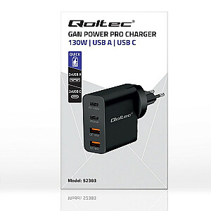 Зарядное устройство Qoltec GaN POWER PRO | 2xUSB-C | 2xUSB | 130 Вт | 5-20 В | 1,5-5А | XP | Черный